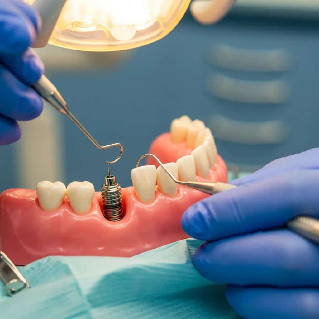 Dental professional examining a dental implant during a check-up