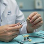 Dental professional examining a dental implant with tools in a clinical setting