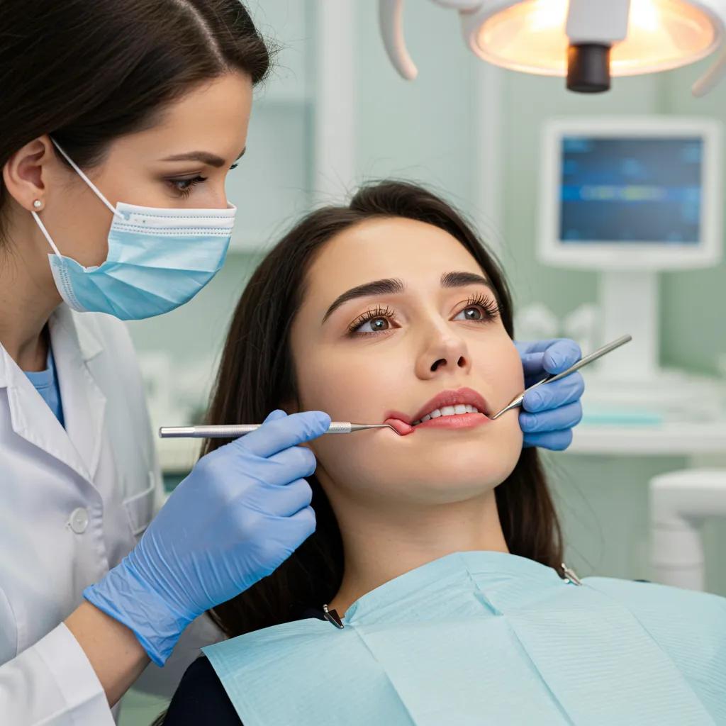 Dental professional examining a patient's gums for signs of peri-implantitis in a clinical setting