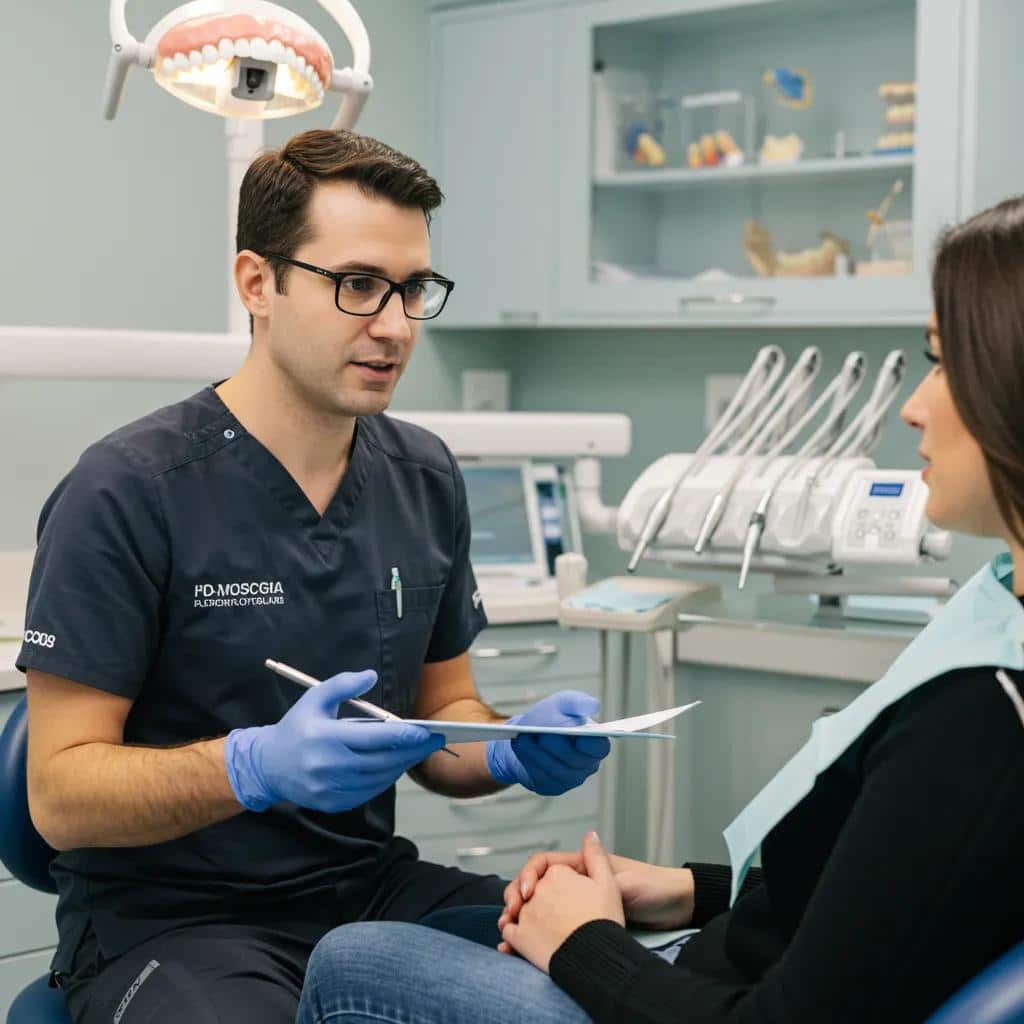 Dental professional explaining full-mouth dental implant options to a patient in a modern dental office
