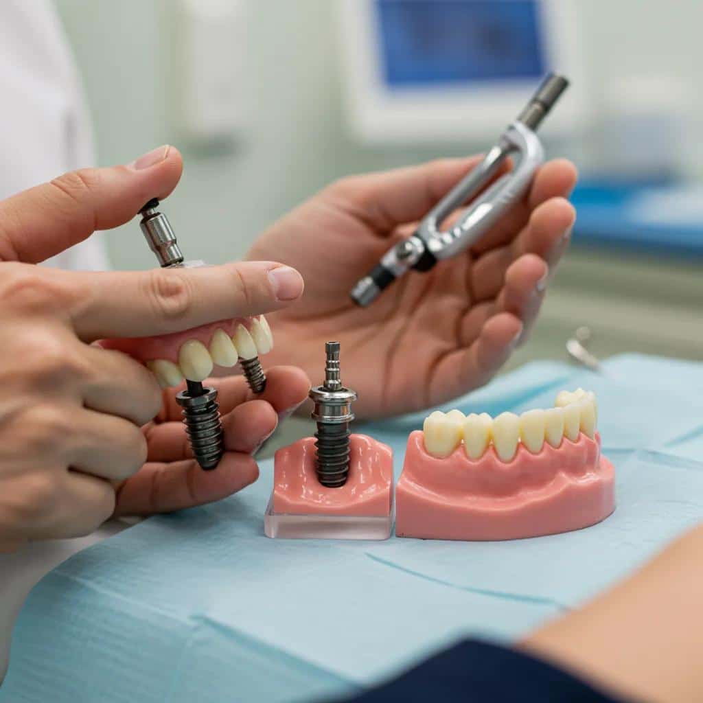 Dental professional explaining the average cost components of a single dental implant to a patient