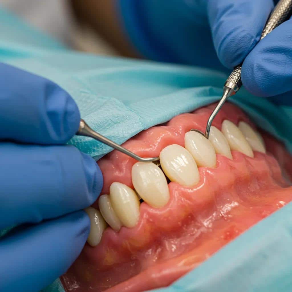 Dental professional performing gum grafting procedure for localized gum recession