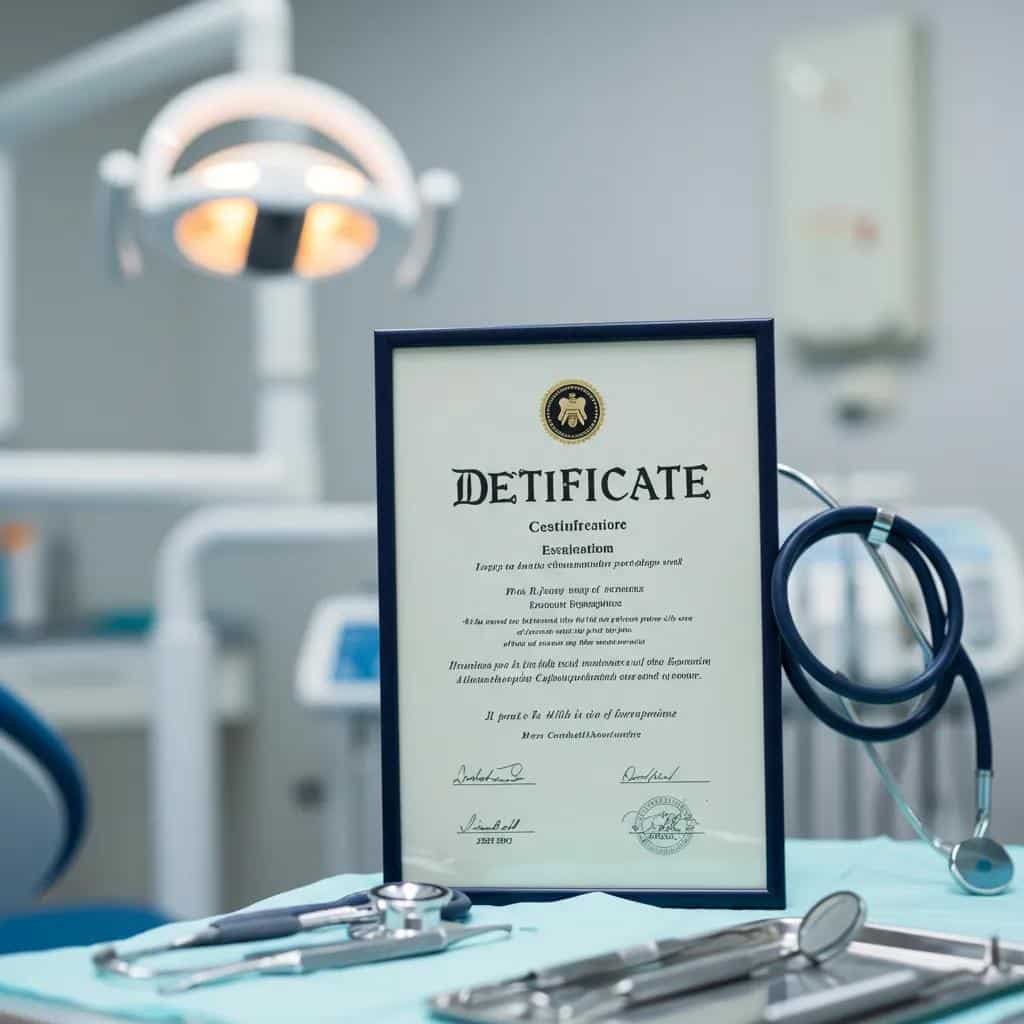 Dental qualifications and certifications displayed in a clinic