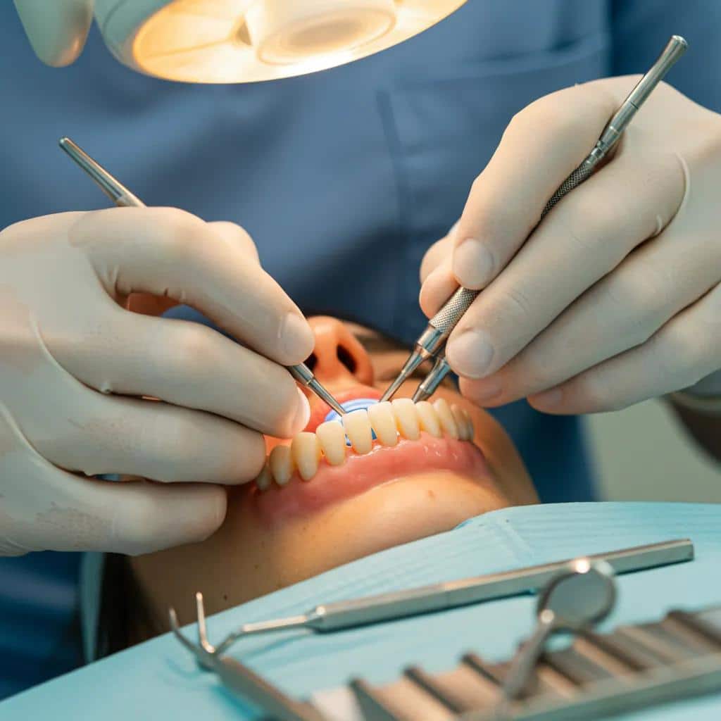 Dental specialist performing a dental implant procedure with a patient in a comfortable setting