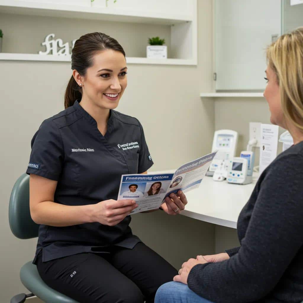 Dental staff discussing financing options for porcelain veneers with a patient in a consultation room