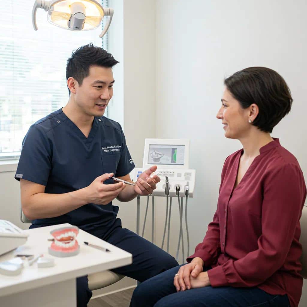 Dental surgeon explaining treatment options to a patient in a consultation room