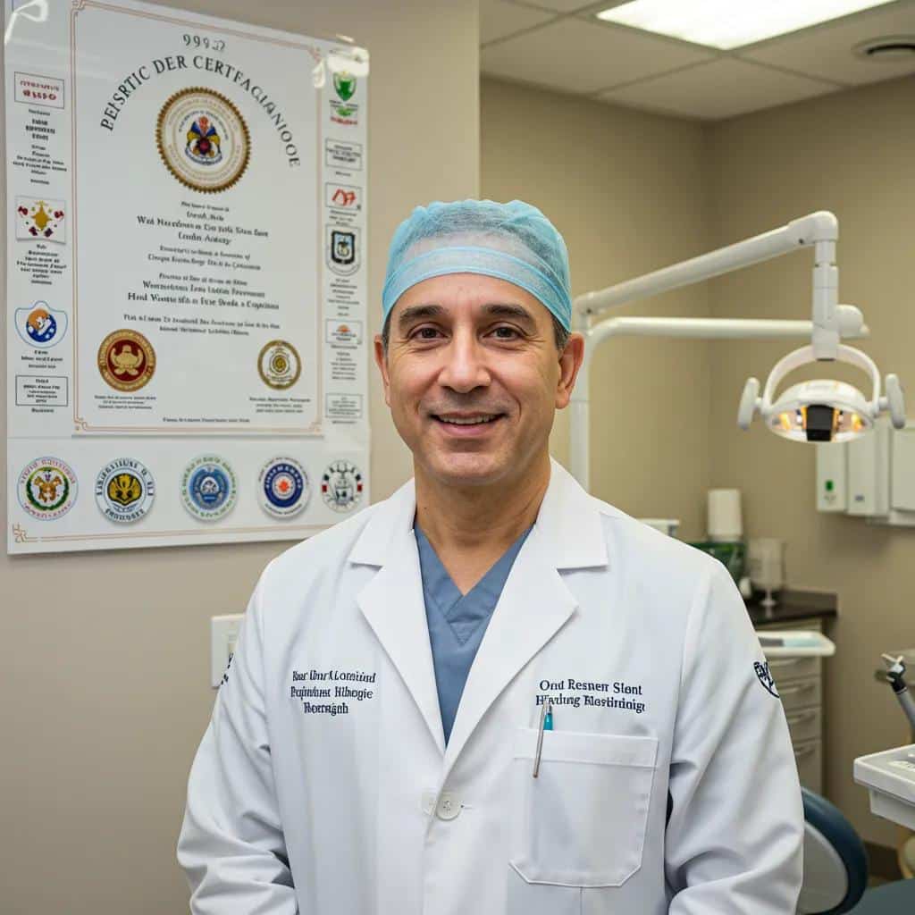 Dental surgeon showcasing credentials and certifications in a professional clinic setting