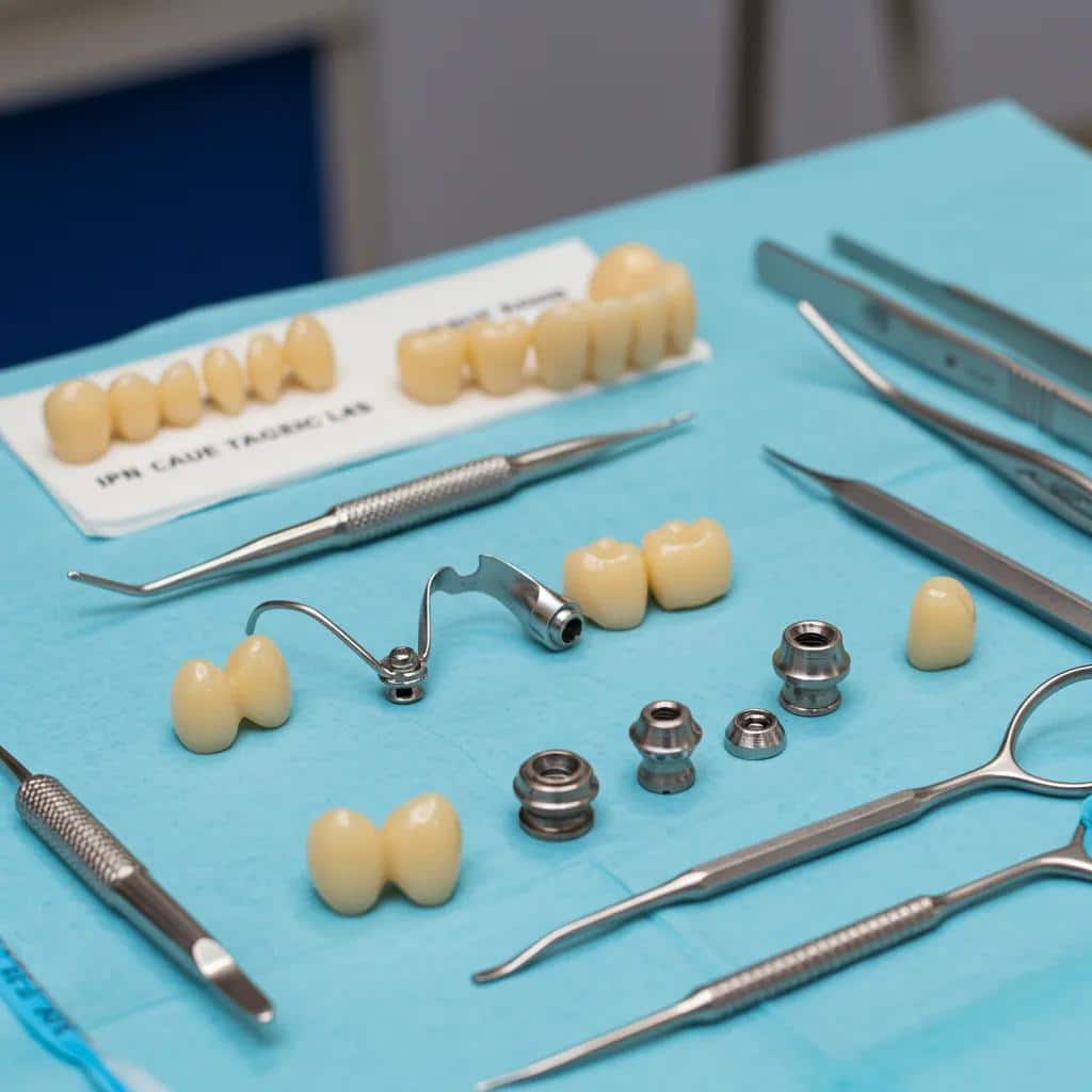 Dental tools and materials for implant repair displayed on a workstation