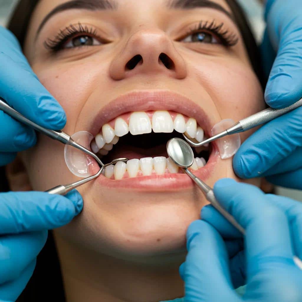 Dentist applying a dental veneer to a patient's tooth, demonstrating the veneer application process