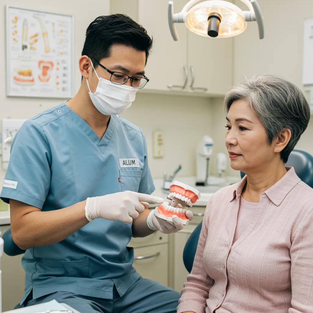 Dentist explaining oral health effects of alum to a patient in a professional dental office