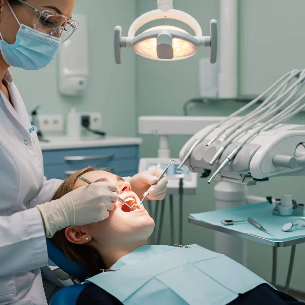 Dentist performing a routine check-up on a patient with dental implants in a professional dental setting