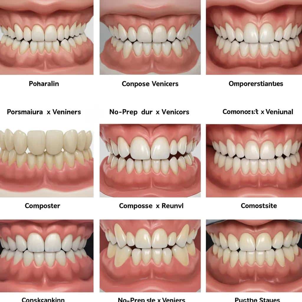 Different types of dental veneers displayed, showcasing porcelain, composite, and no-prep options