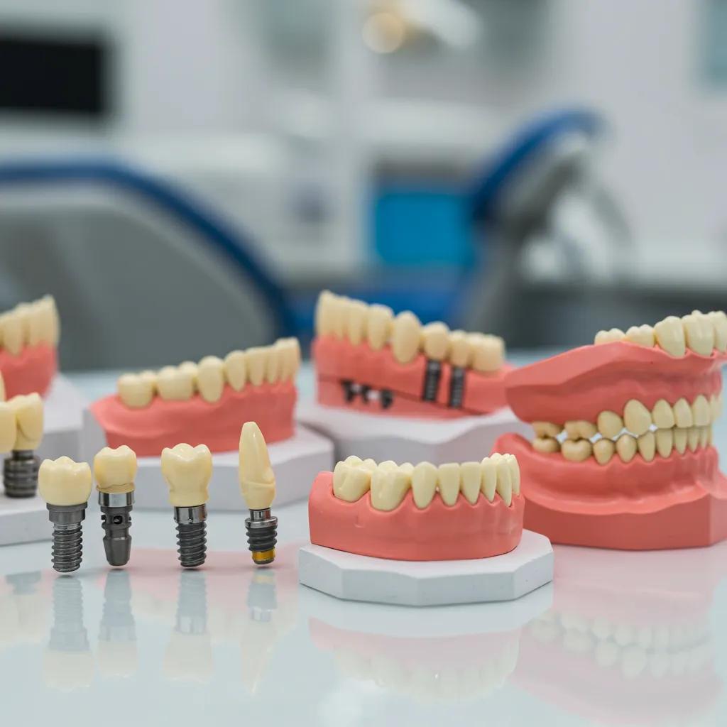 Display of different dental implant options including single and full-arch restorations in a dental setting