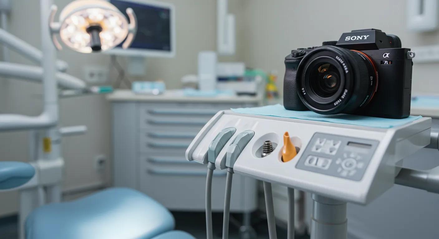 a close-up view of a modern dental clinic's treatment room, featuring a high-tech dental implant setup alongside a patient consultation area, conveying a sense of professionalism and comfort while highlighting the topic of post-surgery gum discomfort.