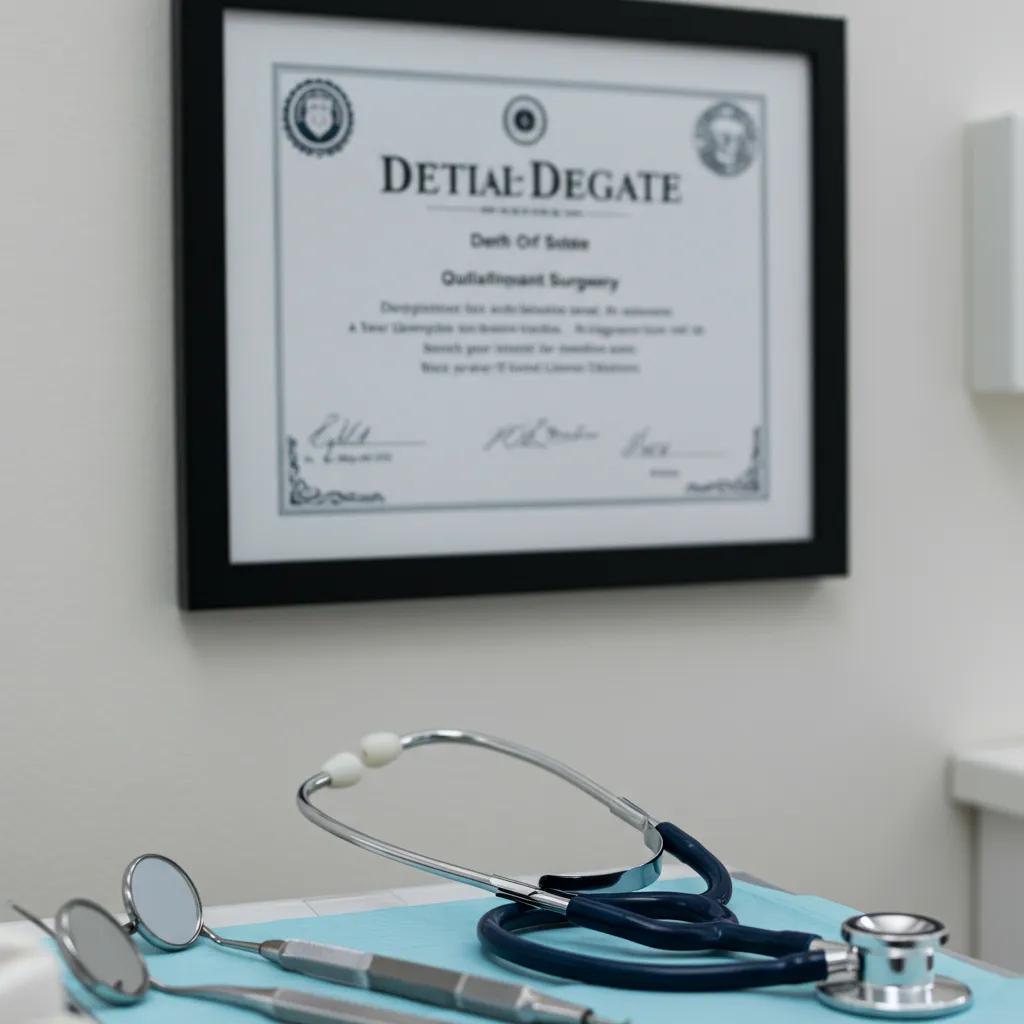 Framed dental degree certificate with dental tools