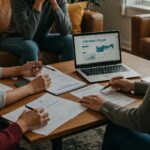 Group of people discussing affordable payment plans in a cozy living room