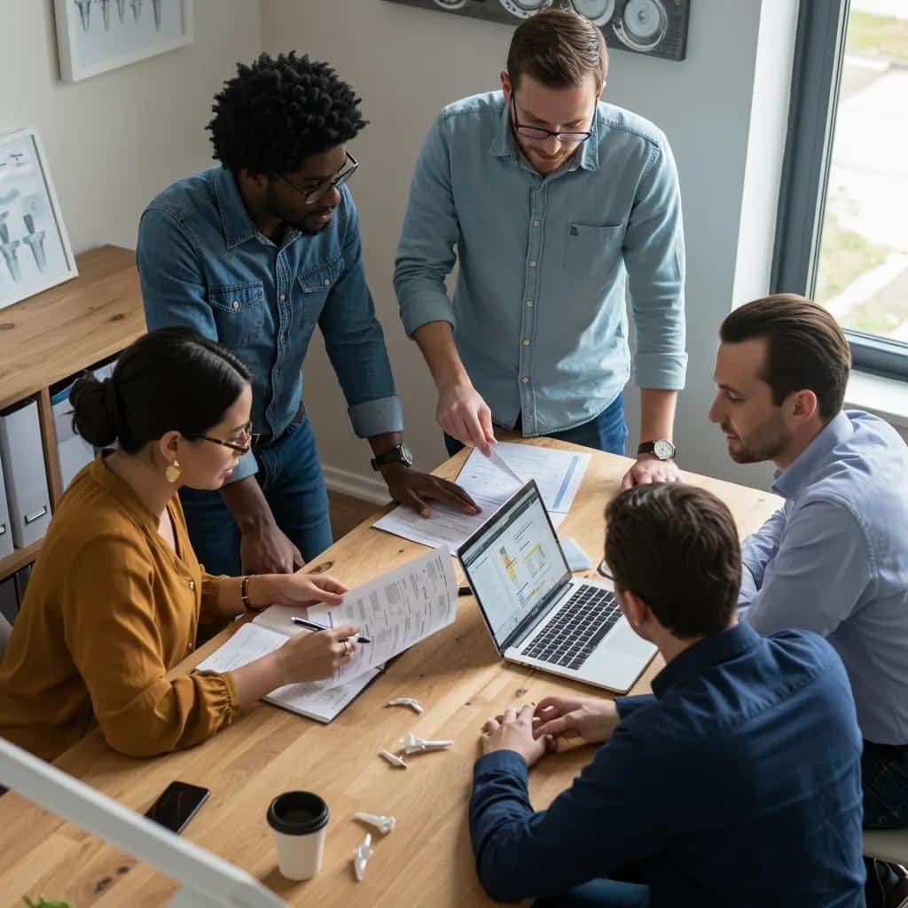 Group of people discussing dental insurance options for implants in a cozy office setting