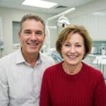 Happy couple showcasing their smiles after dental implant treatment in a modern dental office