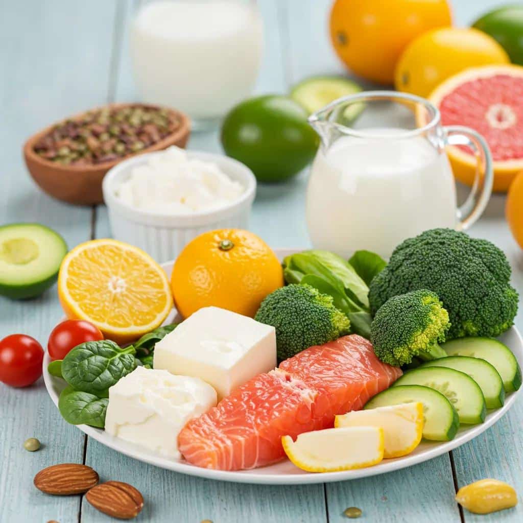 Healthy meal with leafy greens, citrus fruits, and dairy products, highlighting the impact of diet on gum health