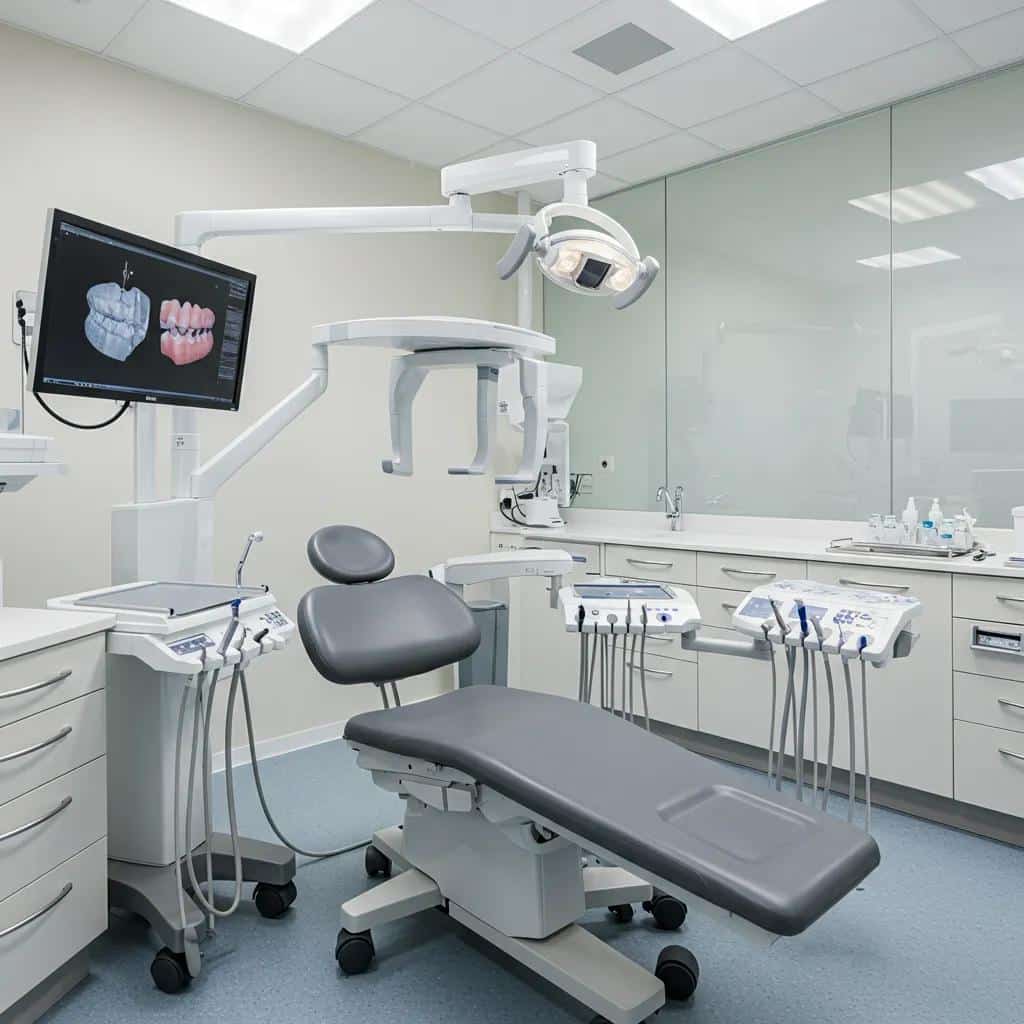 High-tech dental surgery room with advanced imaging and surgical equipment for implant procedures