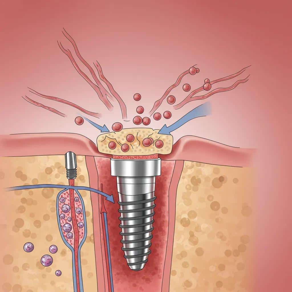 Illustration of osseointegration process showing dental implant integration with jawbone