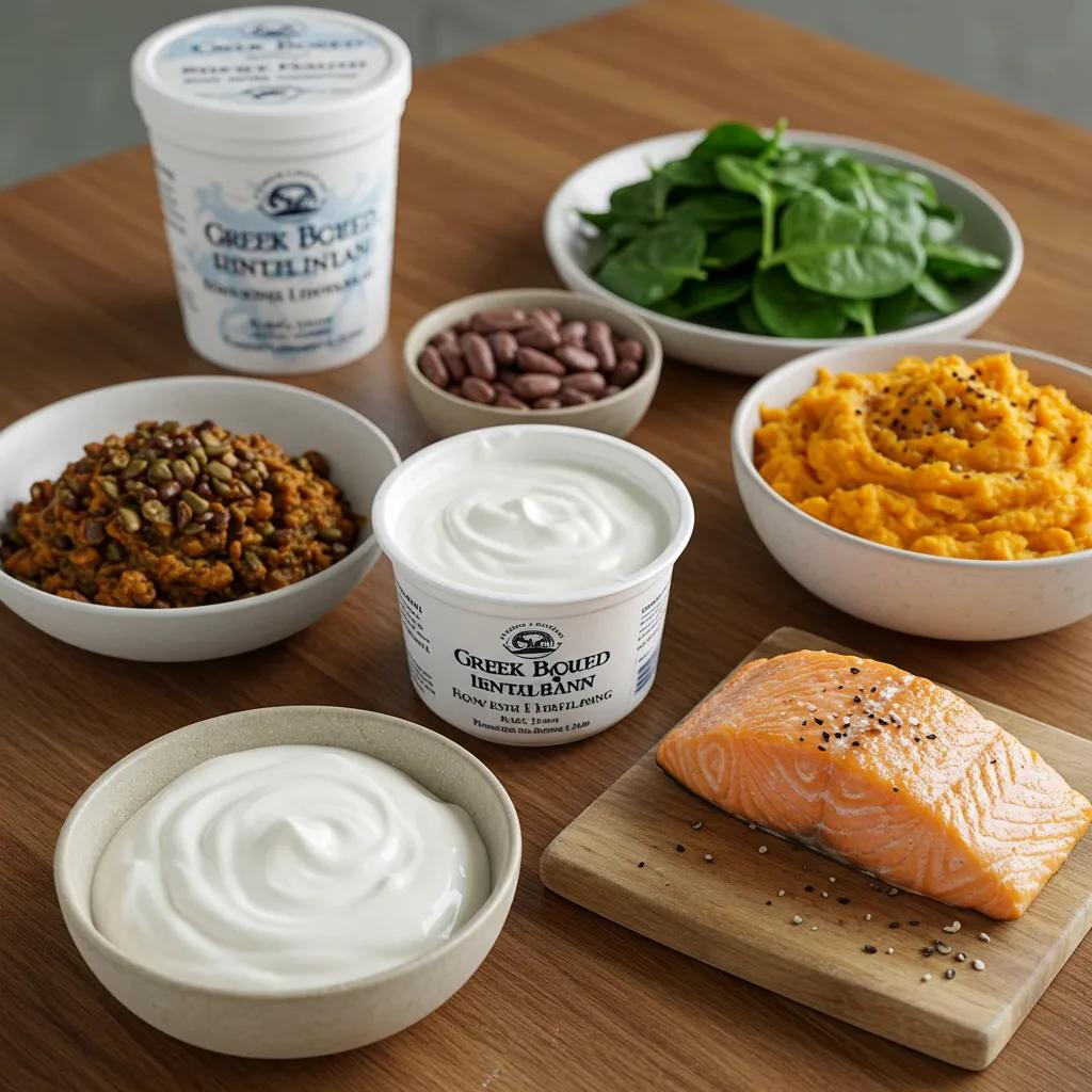 Nutrient-rich foods for dental implant healing including Greek yogurt, poached salmon, and mashed sweet potatoes