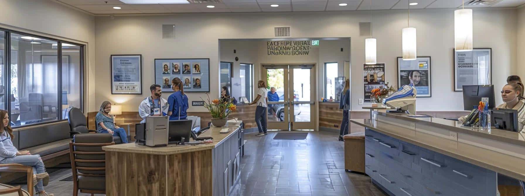 a bustling dental clinic reception area in granbury, featuring a warm and inviting atmosphere with patients engaged in conversations, while a prominent display showcases framed patient testimonials and high-quality before-and-after images of dentures and implants on the walls.