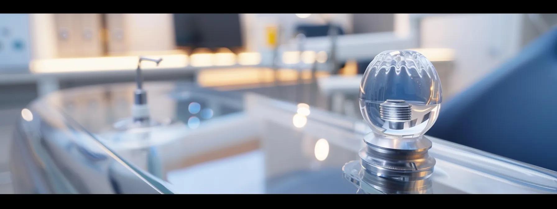 a close-up of a gleaming titanium dental implant displayed in a sleek, modern dental office, with soft, focused lighting highlighting its intricate details and reflective surfaces.