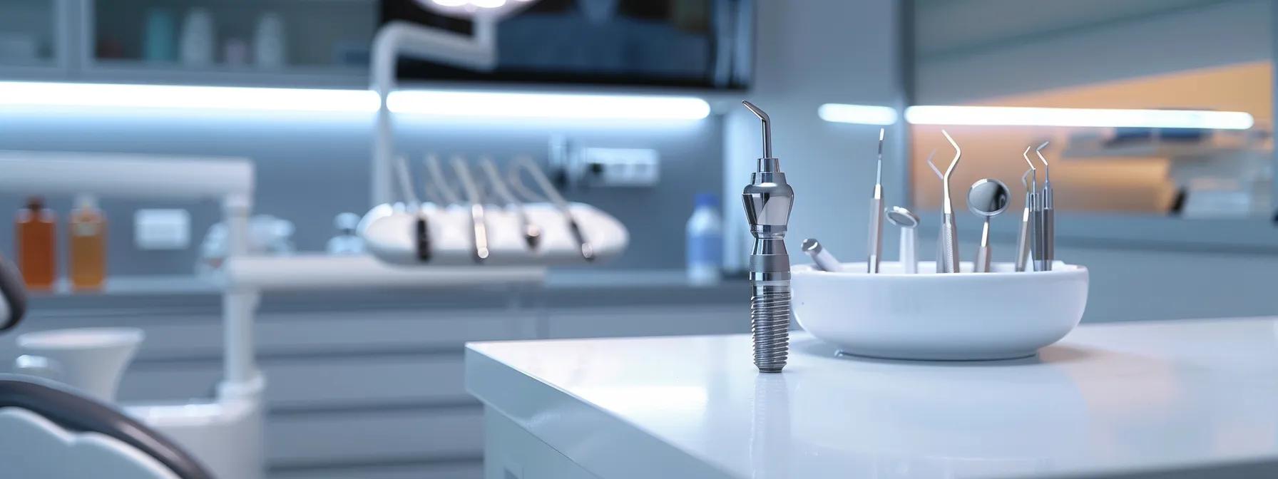 a close-up view of a sleek dental clinic environment showcasing a high-tech dental implant on a pristine countertop, illuminated by bright, focused overhead lighting that highlights the meticulous details of the implant's surface and surrounding dental tools.