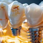 a close-up view of a dental implant in a clinical office setting, showcasing the intricate interaction between soft gum tissue and the implant surface with vivid details highlighting the cellular integration process.
