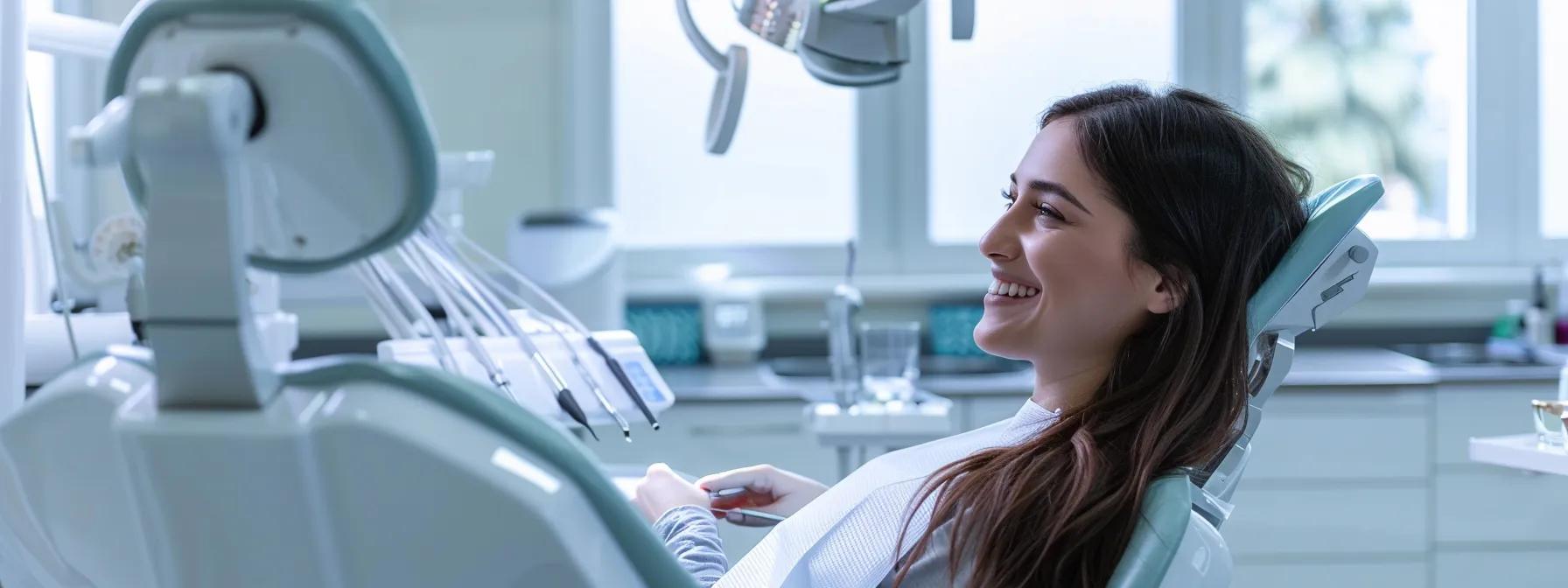 a confident patient in a modern dental office sits in the chair, surrounded by advanced dental equipment, as a skilled dentist prepares to begin the dental implant procedure following successful gum infection treatment.