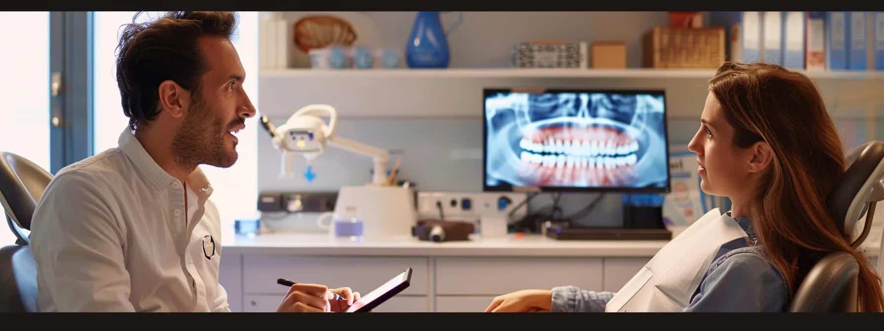 a focused dental consultation scene in a well-lit, modern office, showcasing a dentist discussing candidacy for dental implants with a patient, using a digital tablet to review jawbone density images on a sleek monitor.