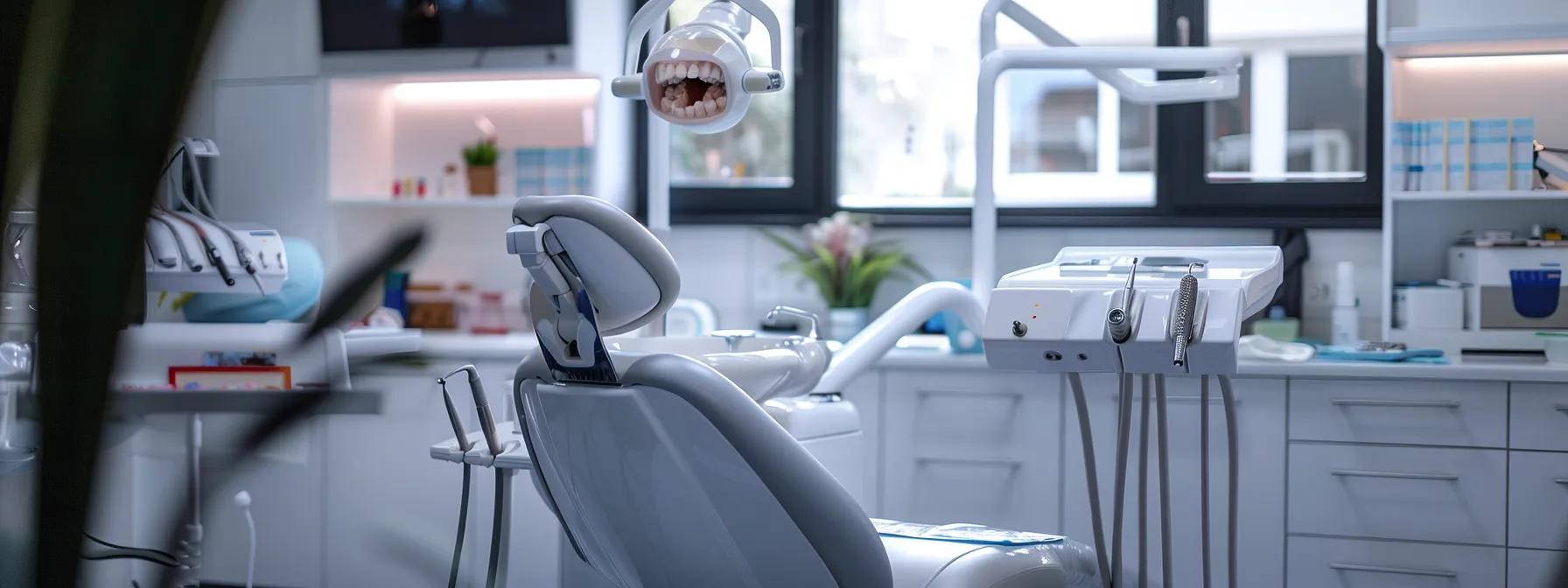 a focused dental examination room with advanced imaging technology, highlighting a confident dentist discussing the suitability of dental implants with a patient, illuminated by bright, clinical lighting.