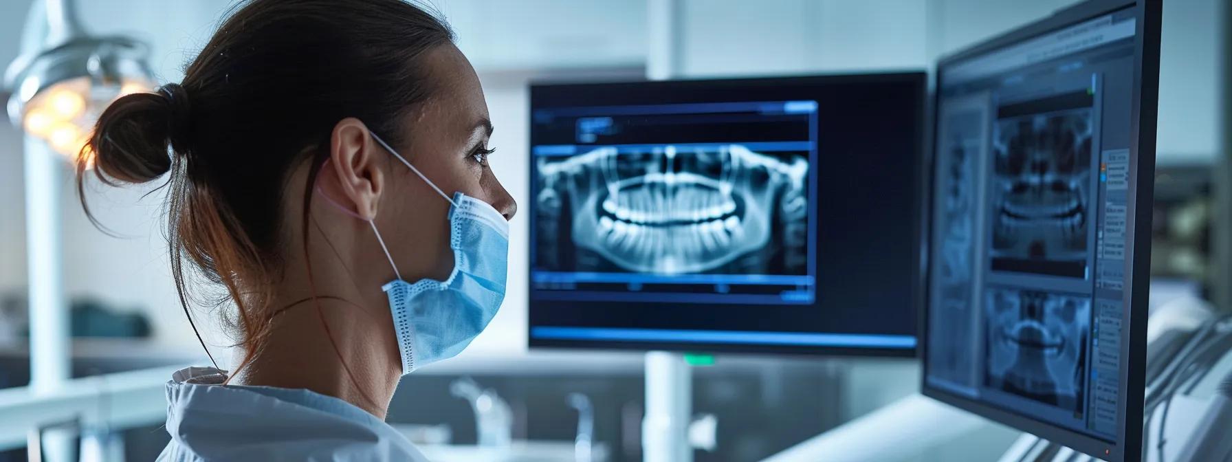 a focused dental professional examines a high-resolution imaging scan on a digital screen in a modern, well-equipped dental clinic, emphasizing the thorough assessment required for determining dental implant suitability.