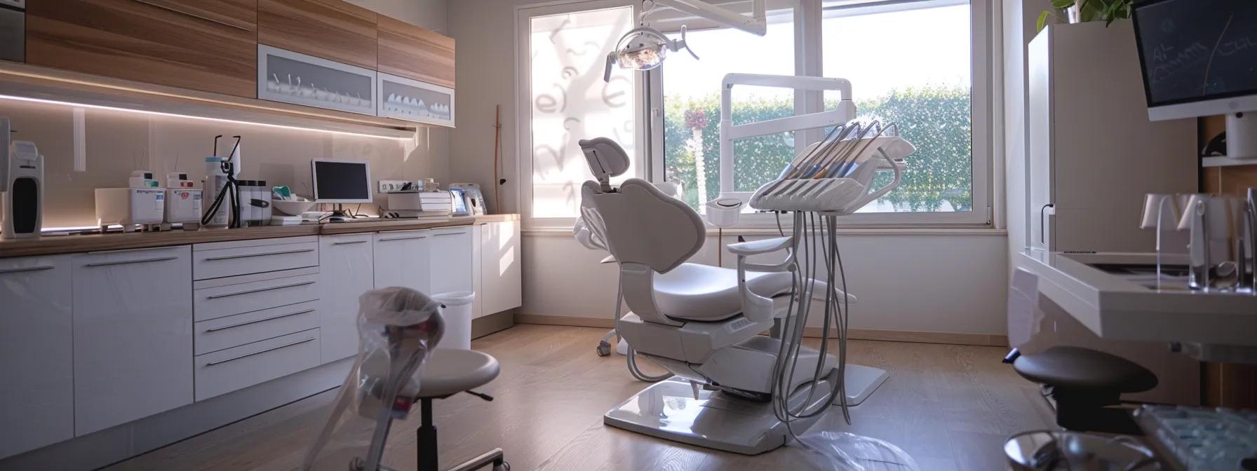 a meticulously organized dental clinic showcases a gleaming dental chair and advanced dental tools, highlighting the importance of professional care and hygiene for maintaining dental implants.