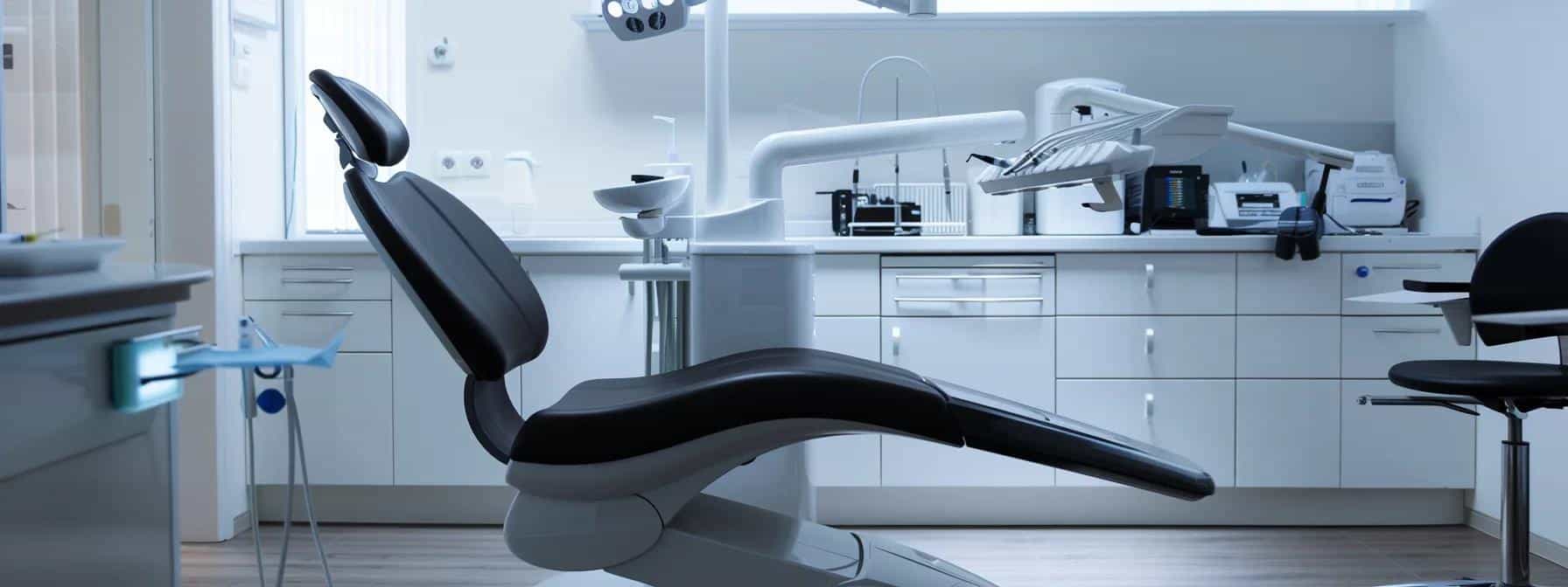 a modern dental clinic featuring a sleek, high-tech dental chair under bright, sterile led lighting, with a focus on an array of advanced dental tools meticulously organized nearby, emphasizing precision and care in sustaining the health of dental implants.