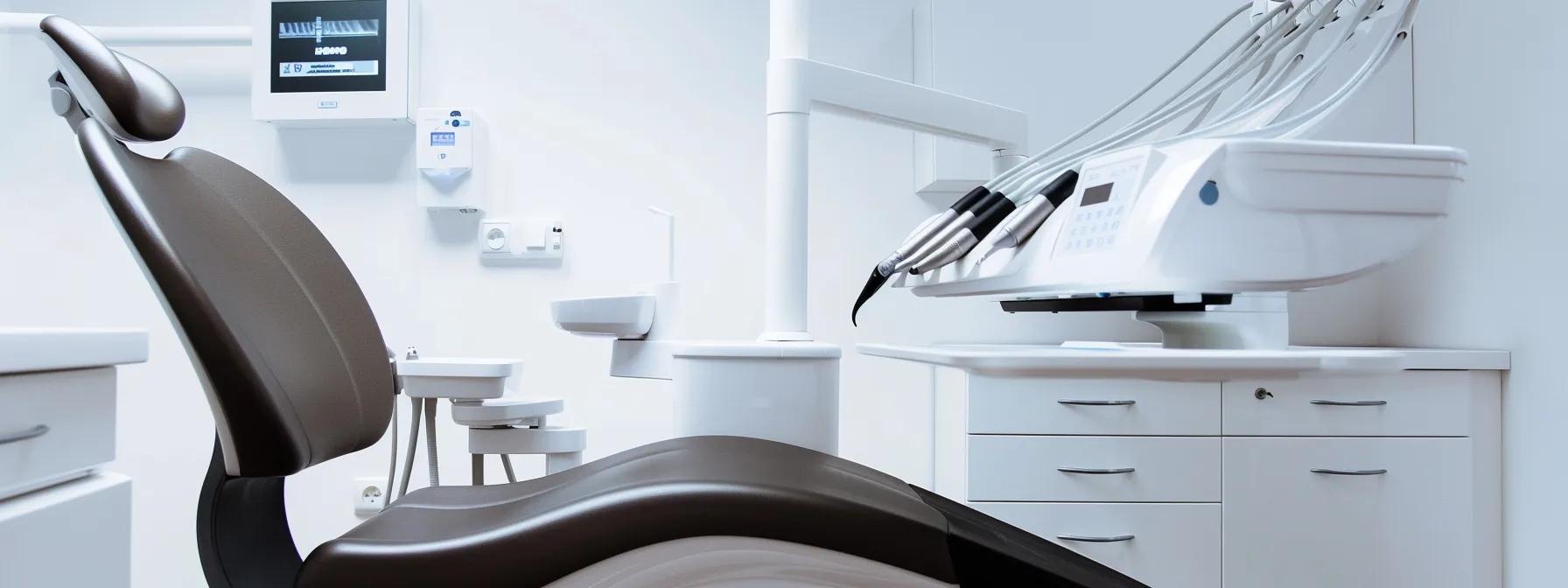 a modern dental clinic interior showcases a sleek dental chair and advanced imaging equipment, emphasizing the precision and technology used in dental implant procedures to illustrate key concerns about food particles getting lodged between implants and gums.