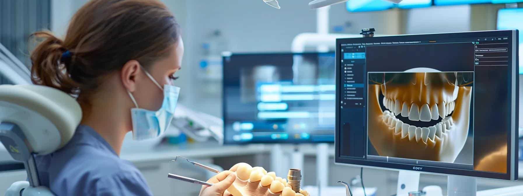 a modern dental clinic interior showcases a clinician attentively examining a detailed 3d dental implant model on a sleek digital display, emphasizing the intricate process of osseointegration in a clean, high-tech environment.