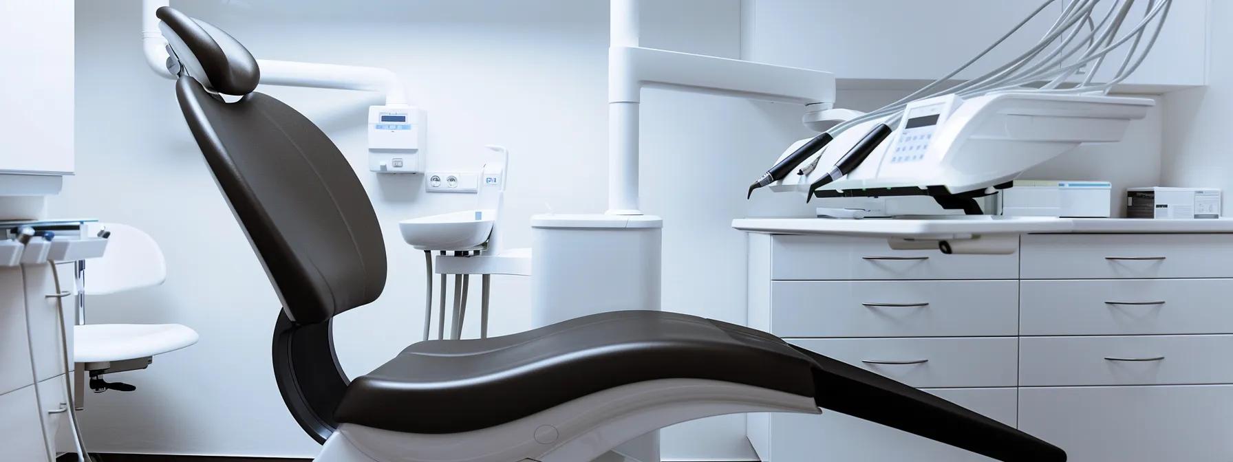 a modern dental clinic interior features a sleek dental chair with a realistic single tooth dental implant showcased prominently against a sterile backdrop, emphasizing the importance of maintaining oral health and facial structure.