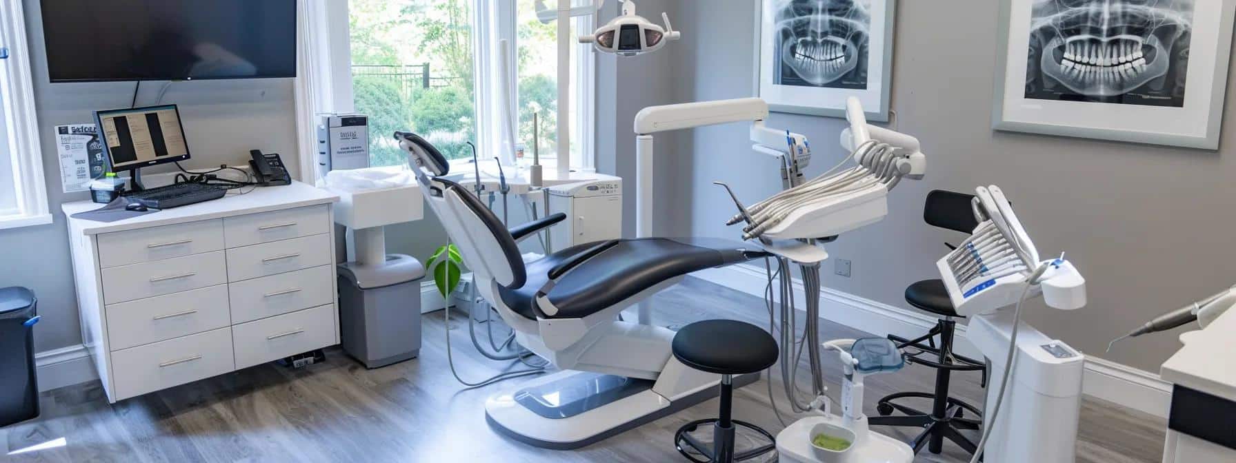 a modern dental clinic showcases a sleek, high-tech treatment room where a confident dentist demonstrates a gum and bone grafting procedure, surrounded by advanced dental equipment and detailed anatomical models, emphasizing precision and professionalism in preparing for dental implants.