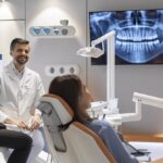 a modern dental clinic showcases a confident patient smiling with a flawless dental implant, surrounded by advanced technology and a professional team of surgeons discussing treatment options.