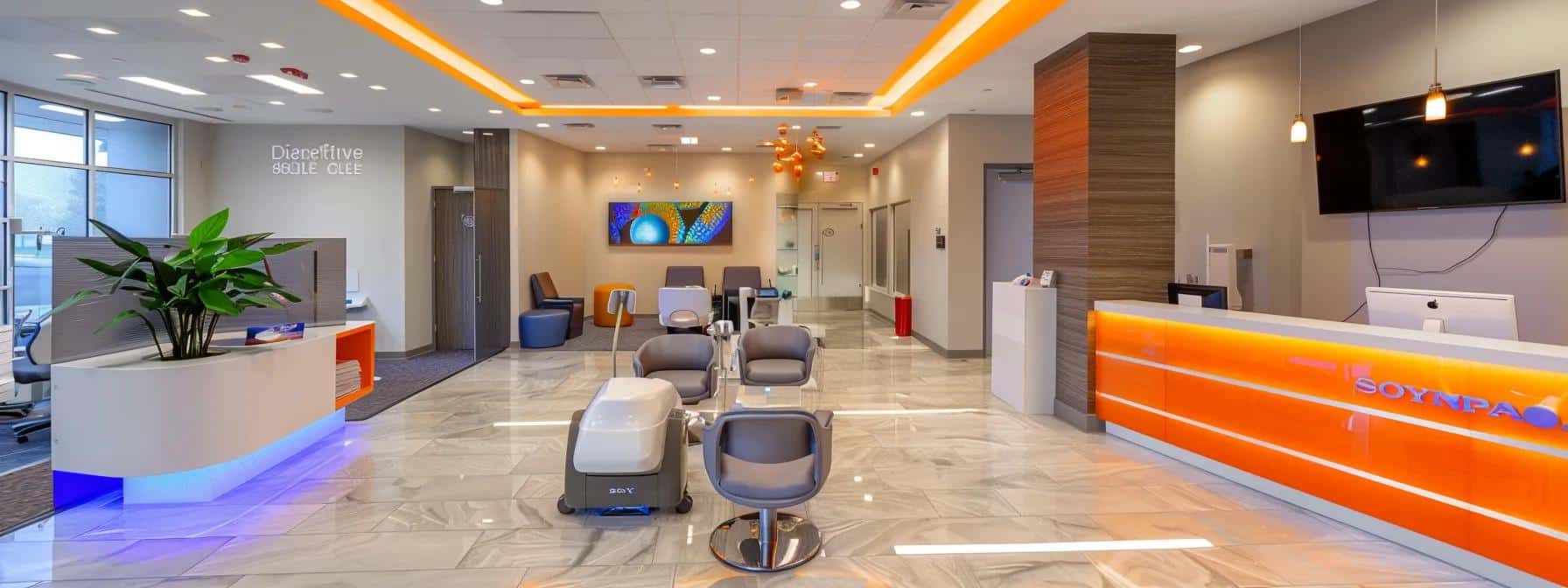 a modern dental clinic showcases a sleek, inviting environment with advanced dental technology prominently displayed, emphasizing professionalism and patient care in the heart of mansfield.