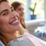 a modern dental clinic features a confident patient smiling broadly in a sleek dental chair, showcasing their natural-looking dental implants while a specialist discusses the advanced technology and personalized care available.