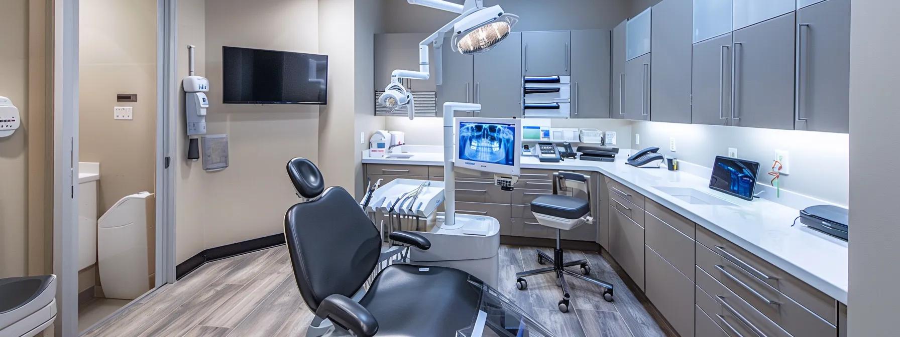 a modern dental clinic in lake worth features a sleek, high-tech treatment room where an advanced imaging device scans a patient's jaw structure, illuminating the meticulous preparation for full-mouth dental implants under bright, clinical lighting.