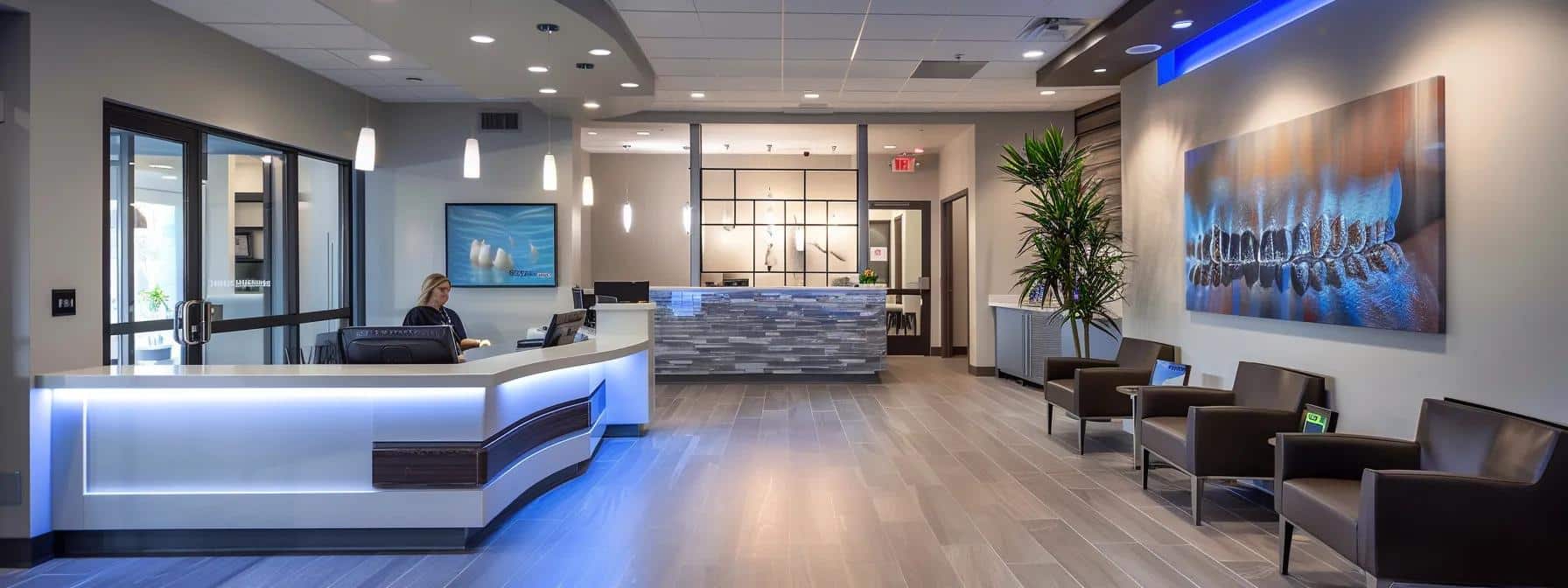 a modern dental office in mansfield, tx, featuring a welcoming consultation area with a patient discussing financing options for dental implants with a knowledgeable staff member, illuminated by soft, ambient lighting.