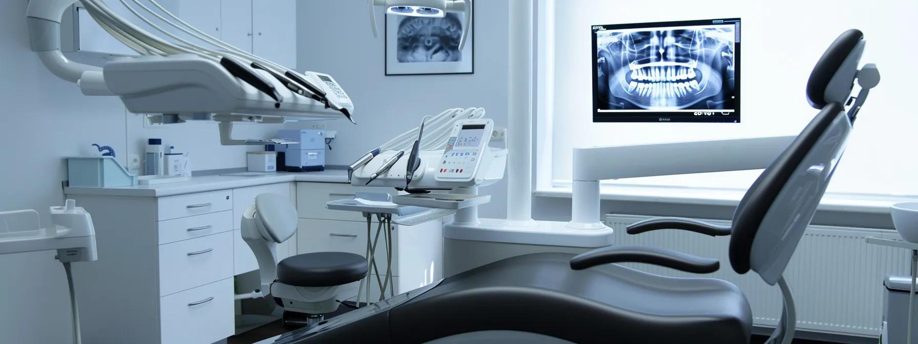 a modern dental office with a sleek dental chair and diagnostic tools in the foreground, illuminated by bright artificial lighting, while a dental professional closely examines an x-ray of dental implants on a digital screen, conveying a focused atmosphere on diagnosing problems.