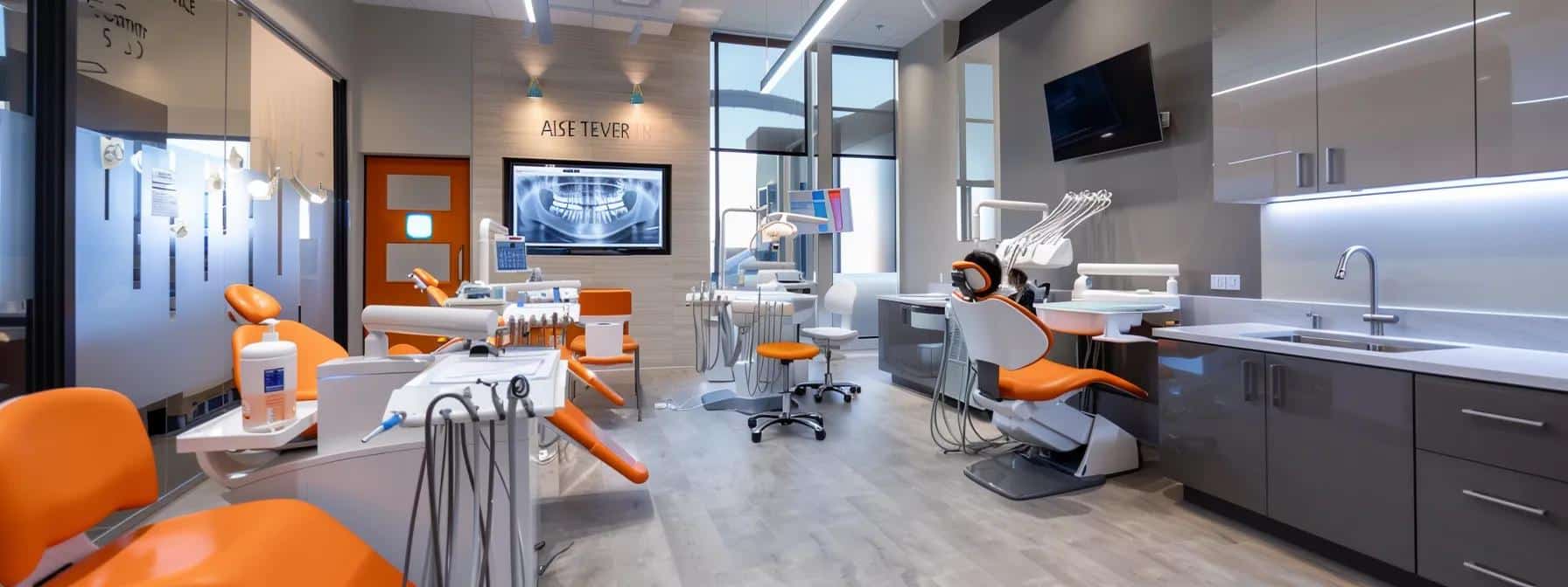 a modern dental office interior, showcasing a sleek consultation area with a patient discussing treatment options with a dentist, featuring advanced diagnostic equipment like digital scanners and x-ray machines in a well-lit environment.