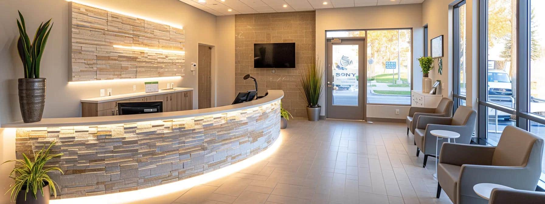 a polished dental clinic reception area in mansfield, featuring a warm and inviting atmosphere, where a friendly dental professional reviews a patient's implant treatment plan using advanced technology on a sleek digital tablet.
