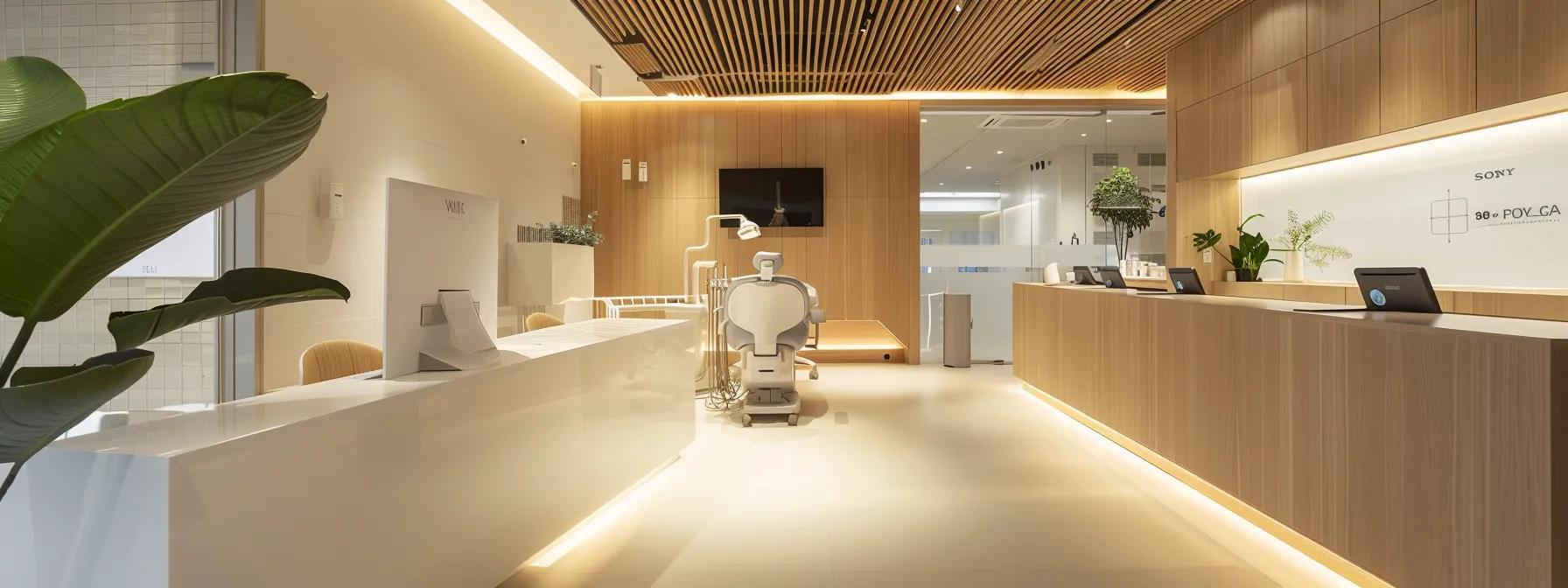 a sleek dental clinic interior showcases a confident patient smiling brightly after receiving dental implants, highlighting the modern technology and inviting atmosphere that emphasizes comfort and care.