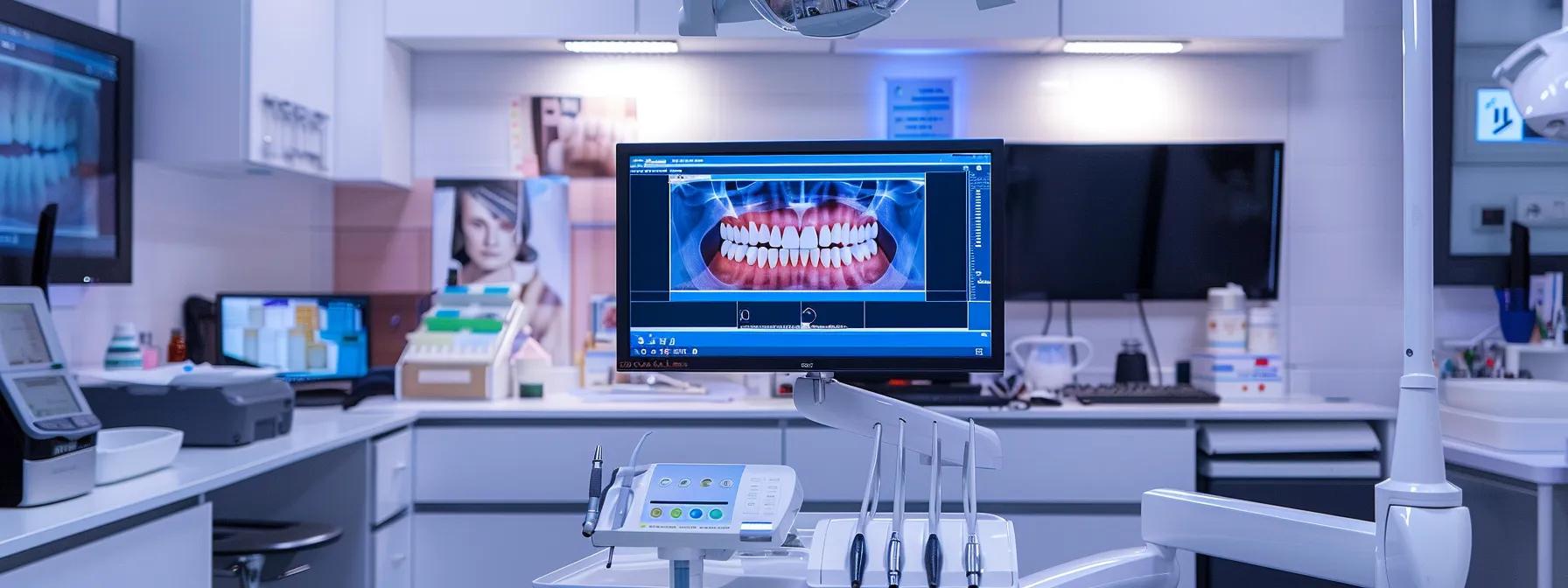 a sleek dental clinic interior featuring a dentist examining a digital dental implant model on a high-tech monitor, with vibrant images illustrating gum challenges displayed prominently on the screen.